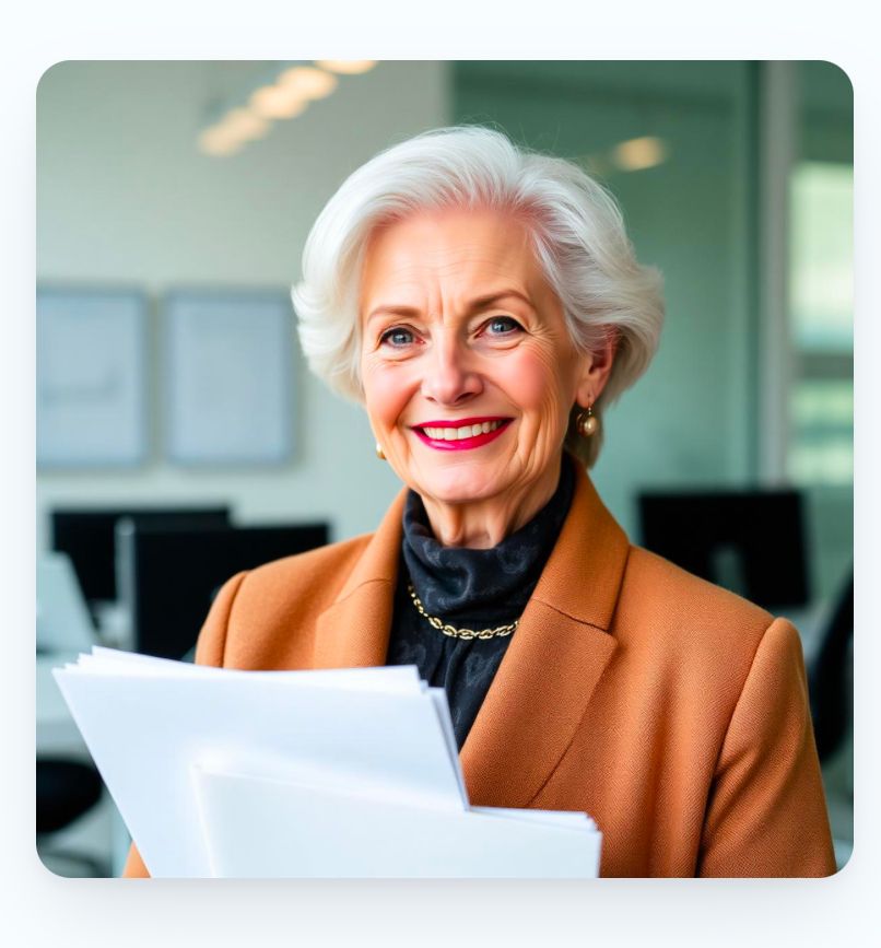 Portrait d'une senior souriante avec ses documents